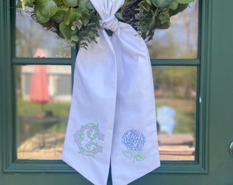 Wreath Sash - Summer sash, hydrangeas mothers day customized , bridesmaids gifts, birthday gifts