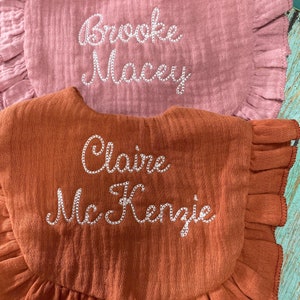 Personalized custom Embroidered name baby muslin ruffled bibs , birthday , baby gift, hospital gift image 4