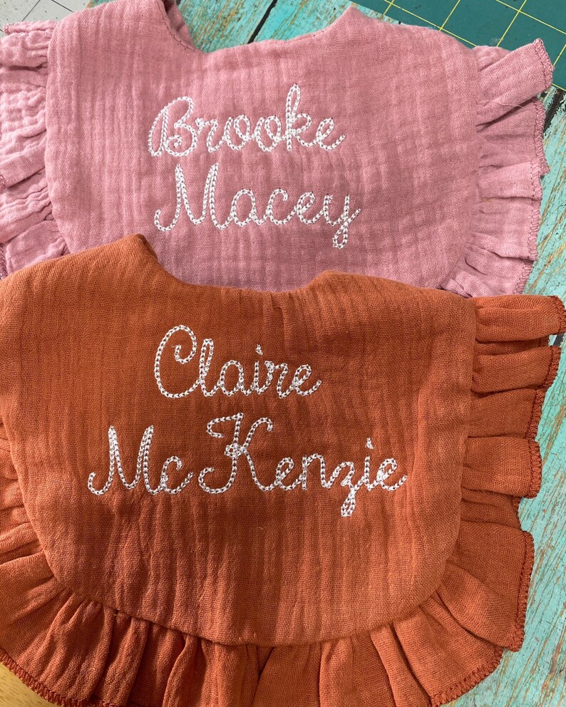 Personalized custom Embroidered name baby muslin ruffled bibs , birthday , baby gift, hospital gift image 4