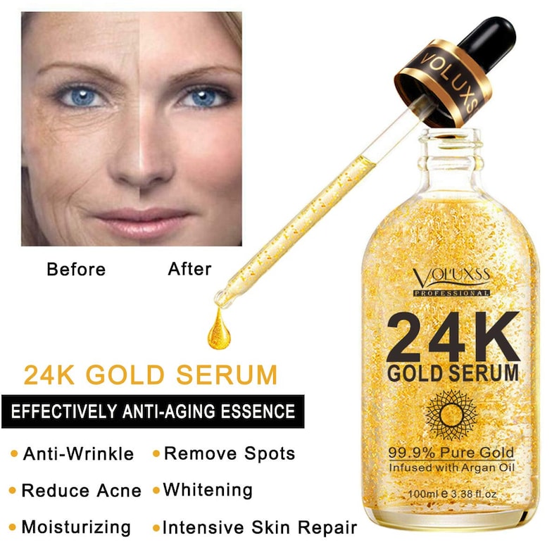 Op de afbeelding: Voor- en nafoto's van een vrouwengezicht die de effecten van het gebruik van een 24K Gold Serum laten zien. De serumfles is goudkleurig met een zwarte druppelaar en de tekst "24K Gold Serum" en "99,9% Zuiver Goud Ge&iuml;nfuseerd met Arganolie". De fles is 100 ml of 3,38 fl oz.