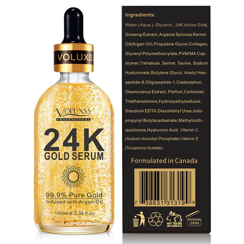 Op de afbeelding: Een gouden fles 24K Gold Serum met een zonafbeelding en de tekst "99,9% puur goud geinfuseerd met Arganolie 100 ml e 3,38 fl.oz". De fles staat op een witte achtergrond. Het product is geformuleerd in Canada.