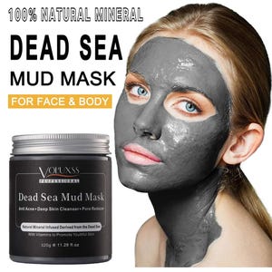 May include: A jar of Dead Sea Mud Mask by VOLUXSS, with text reading "100% Natural Mineral" and "For Face & Body." A person with blue eyes has the mud mask applied to their face. The jar contains 320g or 11.28 fl.oz.