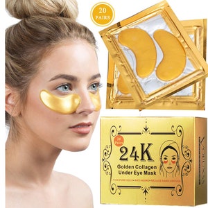 May include: A gold box with a gold and white label that says "24K Golden Collagen Under Eye Mask" and "20 Pairs". The box is next to a woman with gold under eye patches. The patches are in a gold and white package that says "20 Pairs".