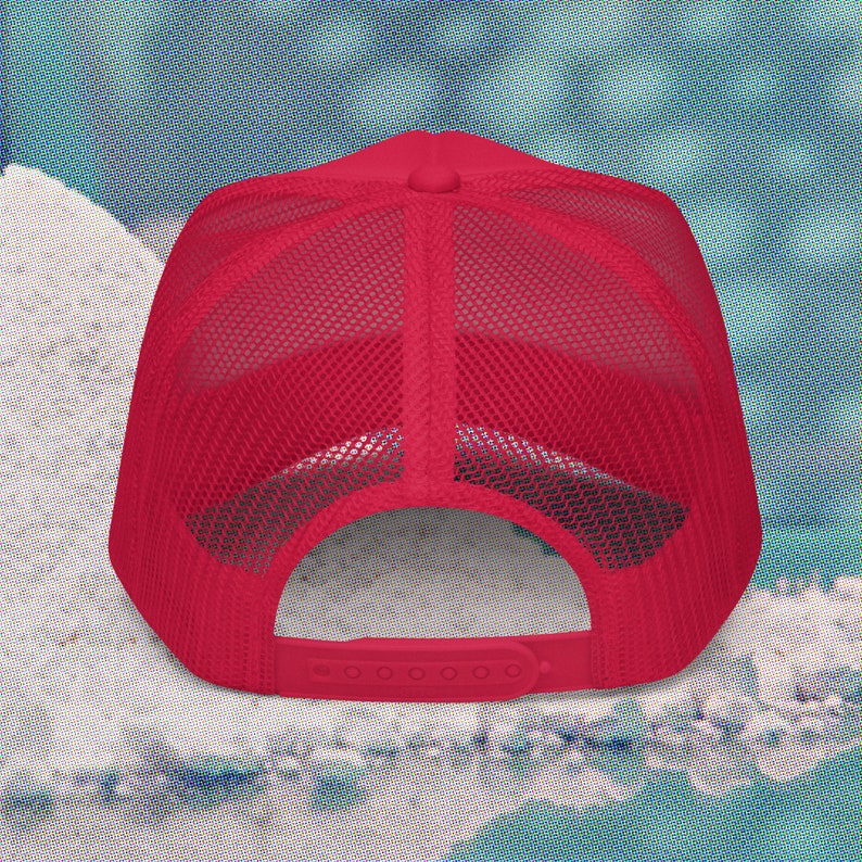 May include: A red mesh trucker hat with a black brim and a snap closure. The hat is made of a breathable material and is perfect for casual wear.