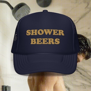 SHOWER BEERS funny christmas beer alcohol party gift college brewskis chug drinking game vintage style embroidered trucker hat