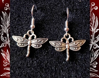 Dragonfly earrings, dangle and drop dragonfly earrings for her, nickel free jewellery, earring gift, Tibetan charm earrings,