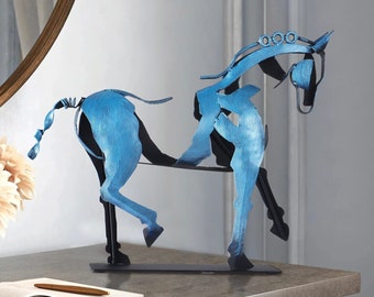 Handmade Metal Horse Statue - Hand-Painted Horse Sculpture -Unique Rustic Decor for Home & Garden - Blue