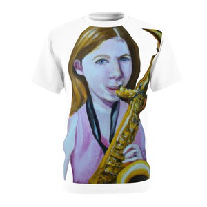 Girl with Saxophone Realism Unisex Cut & Sew Tee (AOP), Realism Unisex Cut and Sew Tee Shirt for Men, Women, and Adult, Saxophone Tee Shirts