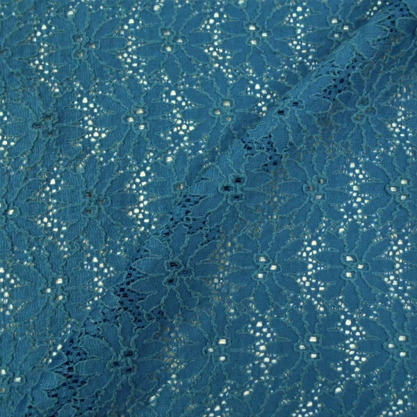 Dark Teal Floral Embroidered Stretch Lace Sheer Fabric by the Yard