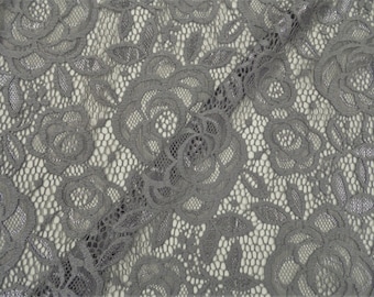 Gray Metallic Rose Floral Embroidered Stretch Lace Sheer Fabric by the Yard