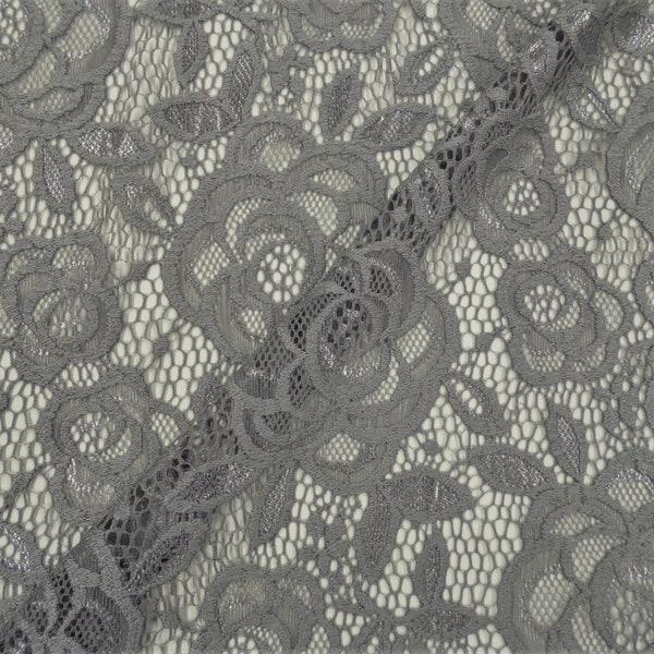 Gray Metallic Rose Floral Embroidered Stretch Lace Sheer Fabric by the Yard