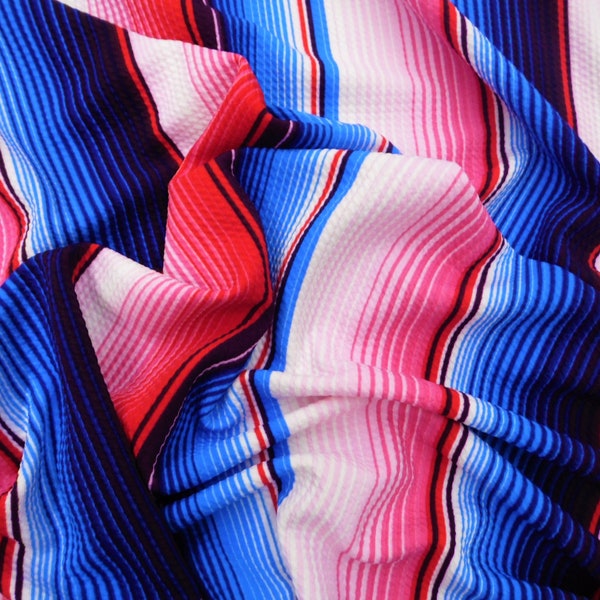 Red Blue Serape Stripe Printed Bullet Liverpool Textured 4 way Stretch Fabric by the Yard