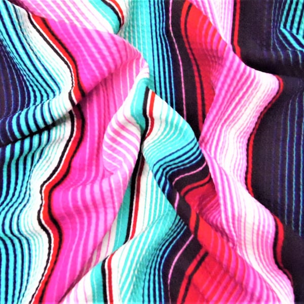 Turquoise Pink Serape Stripe Printed Bullet Liverpool Textured 4 way Stretch Fabric by the Yard