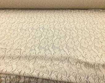 Creamy Tan Stretch Lace Embroidered Floral Sheer Fabric by the Yard