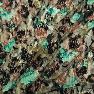 Black Teal Brown Floral Printed Stretch Lace Sheer Fabric by the Yard