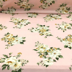 Pale Pink Ivory Floral Printed Double Brushed DTY Spandex Stretch Apparel Fabric by the Yard