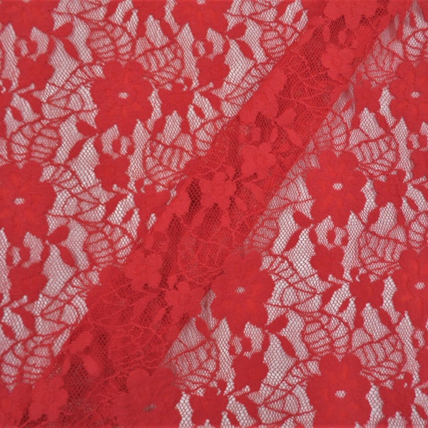 Red Floral Embroidered Stretch Lace Sheer Fabric by the Yard