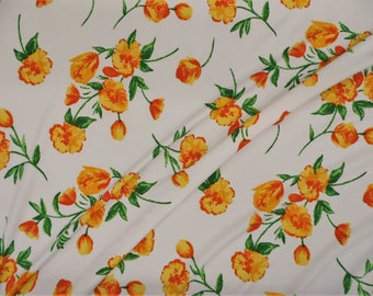 Mango Orange Green White Floral Printed DTY Spandex 4 way Stretch Fabric by the Yard