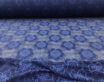 Denim Blue Stretch Lace Embroidered Floral Sheer Fabric by the Yard