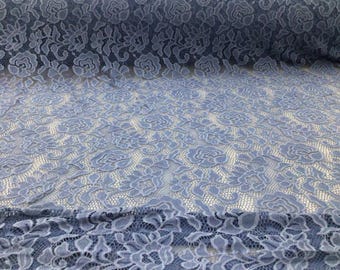 Slate Blue Stretch Lace Embroidered Floral Sheer Fabric by the Yard