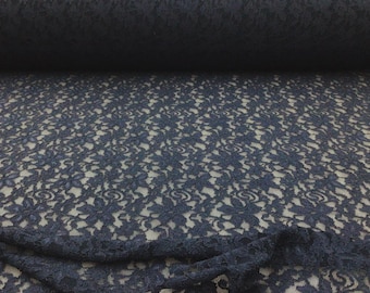 Midnight Navy Blue Stretch Lace Embroidered Floral Sheer Fabric by the Yard