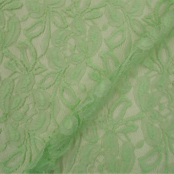 Pistachio Green Floral Embroidered Stretch Lace Sheer Fabric by the Yard