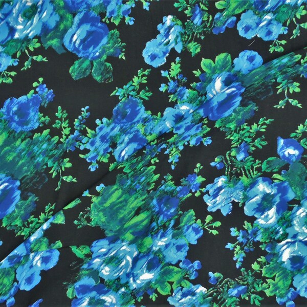 Challis Rayon Black Blue Green Floral Apparel Fabric by the Yard