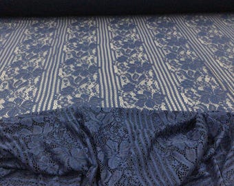 Prussian Blue Stretch Lace Embroidered Floral Stripe Sheer Fabric by the Yard
