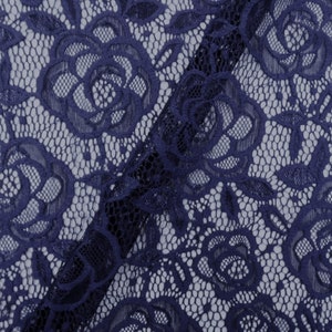 Navy Rose Floral Embroidered Stretch Lace Sheer Fabric by the Yard