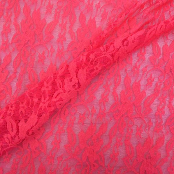 Watermelon Pink Stretch Lace Embroidered Floral Sheer Fabric by the Yard