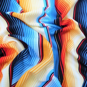Blue Orange Serape Stripe Printed Bullet Liverpool Textured 4 way Stretch Fabric by the Yard