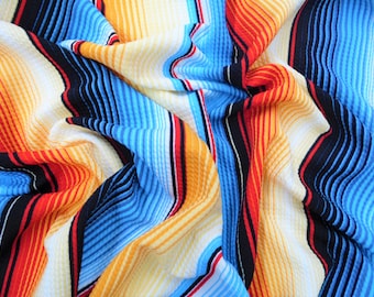 Blue Orange Serape Stripe Printed Bullet Liverpool Textured 4 way Stretch Fabric by the Yard