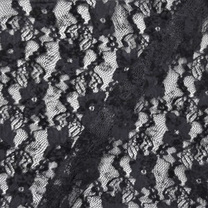 Black Flocked Floral Embroidered Stretch Lace Sheer Fabric by the Yard Style 1