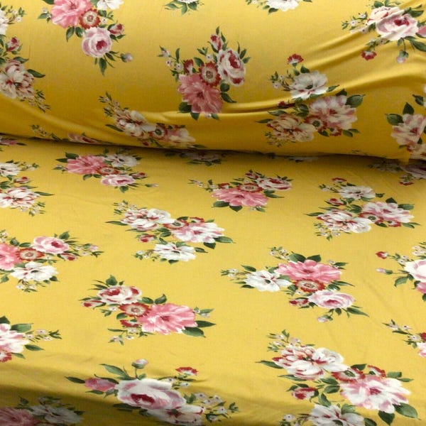 Yellow Burgundy Floral Printed Double Brushed DTY Spandex Stretch Apparel Fabric by the Yard