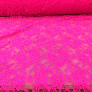 Neon Pink Stretch Lace Embroidered Floral Sheer Fabric by the Yard