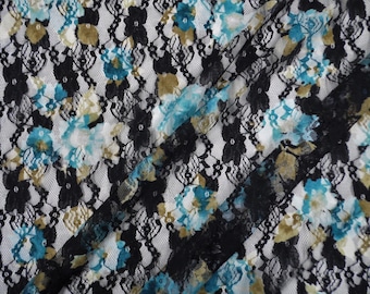 Black White Teal Tan Floral Printed Stretch Lace Sheer Fabric by the Yard