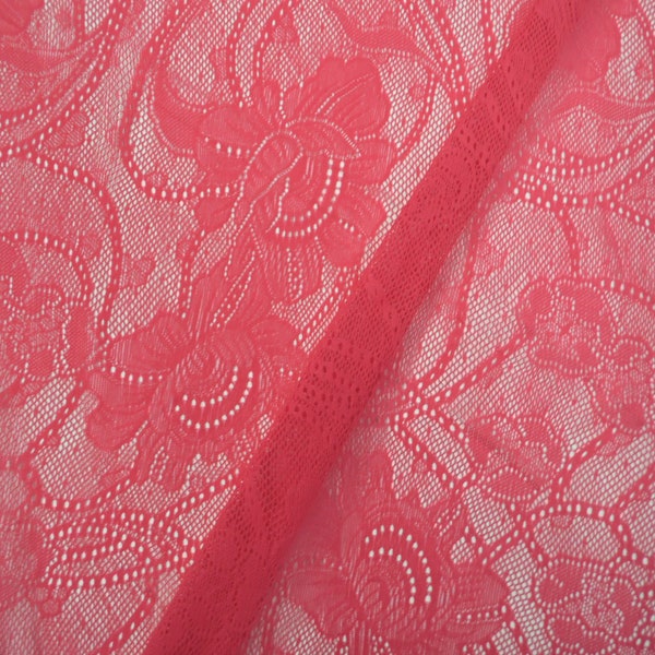 Watermelon Pink Floral Stretch Lace Sheer Fabric by the Yard