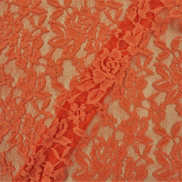 Orange Floral Embroidered Stretch Lace Sheer Fabric by the Yard