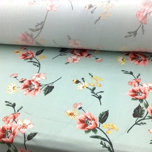 Mint Green Mauve Floral Printed Double Brushed DTY Spandex Stretch Apparel Fabric by the Yard