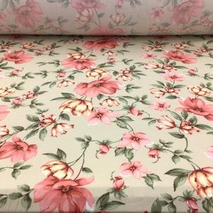 Light Tan Pink Floral Printed Double Brushed DTY Spandex Stretch Apparel Fabric by the Yard