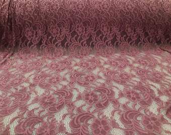 China Rose Pink Stretch Lace Embroidered Floral Sheer Fabric by the Yard