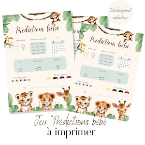 Prédiction naissance, prédiction bébé en français pour jeux baby shower ou gender reveal, thème safari , jungle