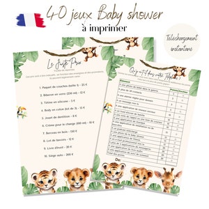 Baby shower games in French, gender reveal games, baby shower, safari theme, baby shower games