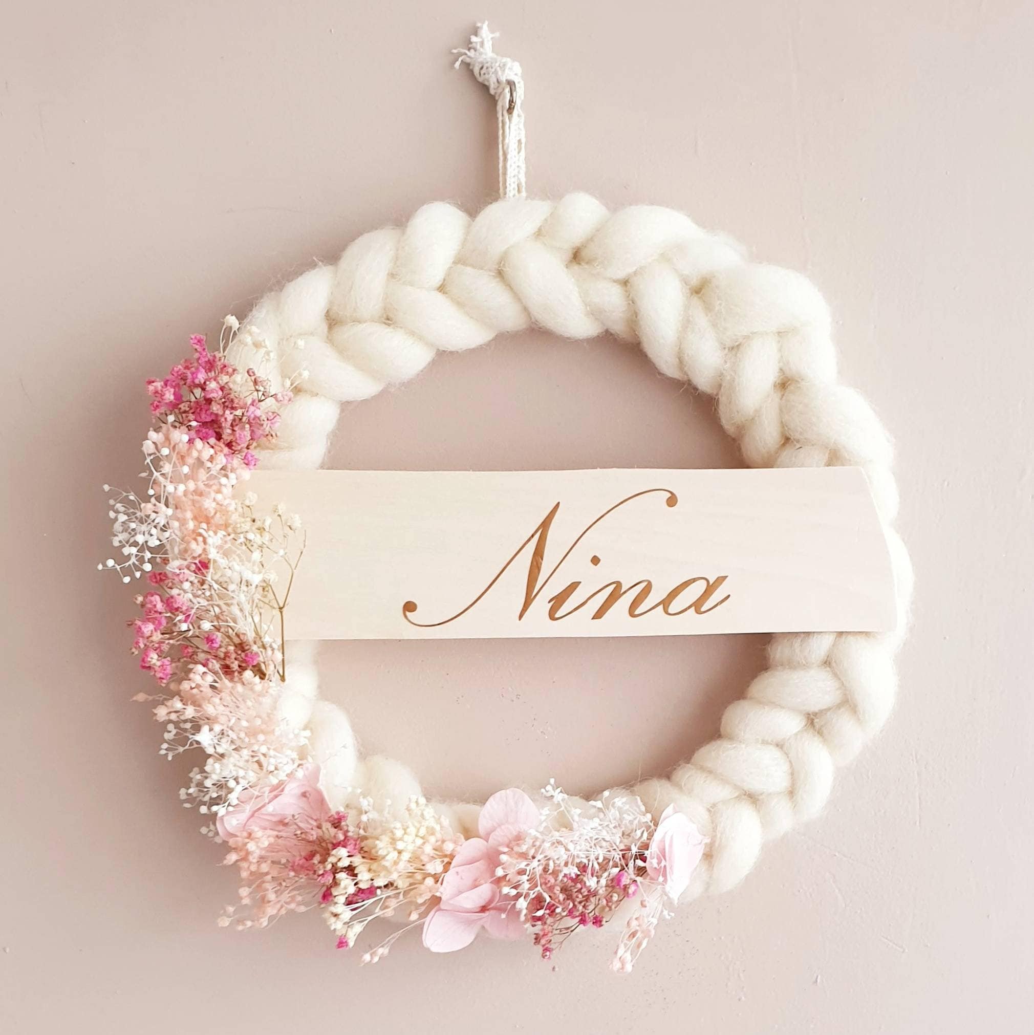 Couronne Fleurs Séchées et Laine , Personnalisée Prénom