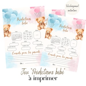 Peut inclure: Deux cartes de jeu de baby shower imprimables avec un fond aquarelle de ballons bleus et roses. Chaque carte présente un ours en peluche et un calendrier pour que les invités puissent prédire la date de naissance, le sexe, le poids et d'autres détails du bébé. Le texte sur les cartes est "Prédictions bébé" et "Conseils pour les parents".
