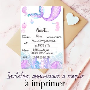 Invitation anniversaire sirene carte , anniversaire enfant en français, invitation sirène pdf à imprimer