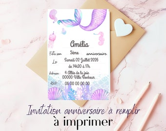 Invitation anniversaire sirene carte , anniversaire enfant en français, invitation sirène pdf à imprimer
