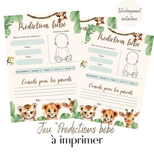 Birth prediction, baby prediction in French for baby shower or gender reveal games, safari theme, jungle