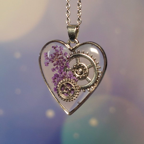 Handmade Steampunk Heart Pendant with Pressed Flowers - 18" Stainless Steel Chain Necklace