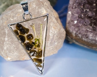 Obsidian Mushroom Resin Triangle Pendant Necklace, Real Crystal Botanicals, Silver Chain
